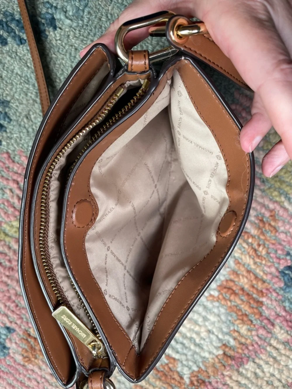 MICHAEL KORS TRISHA TRIPLE COMPARTMENT CROSSBODY MEDIUM MESSENGER BAG BROWN LOGO